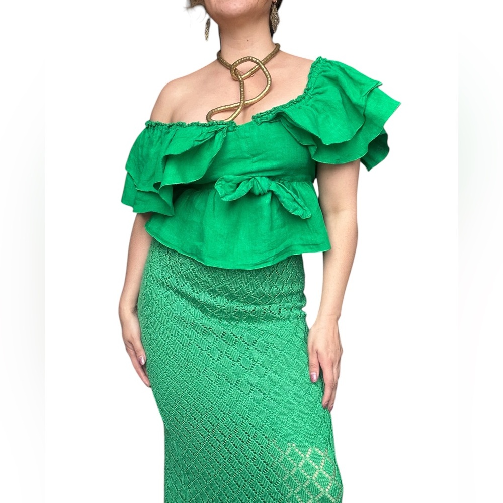 Green Off-Shoulder Ruffled Skirt Set - Women - Small - Picture 4 of 6